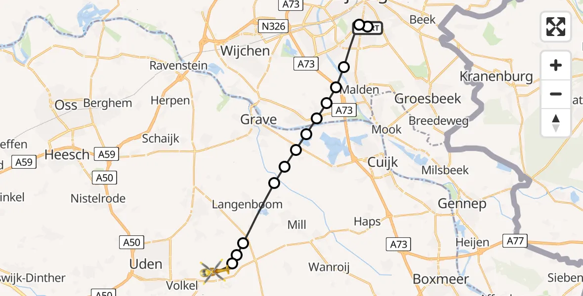 Vluchtroute Traumahelikopter van Radboud Universitair Medisch Centrum naar Vliegbasis Volkel