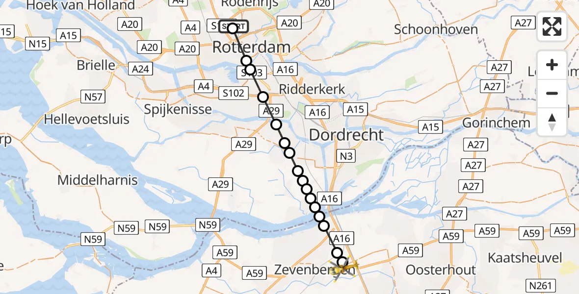 Vluchtroute Traumahelikopter van Rotterdam The Hague Airport naar Langeweg