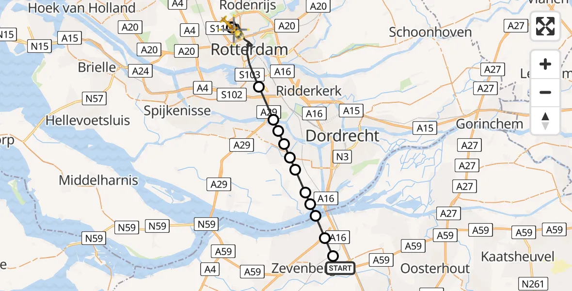 Vluchtroute Traumahelikopter van Langeweg naar Rotterdam The Hague Airport