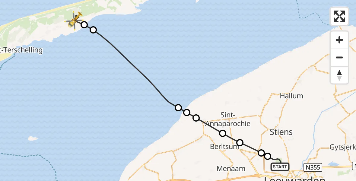 Vluchtroute Ambulancehelikopter van Vliegbasis Leeuwarden naar Hoorn