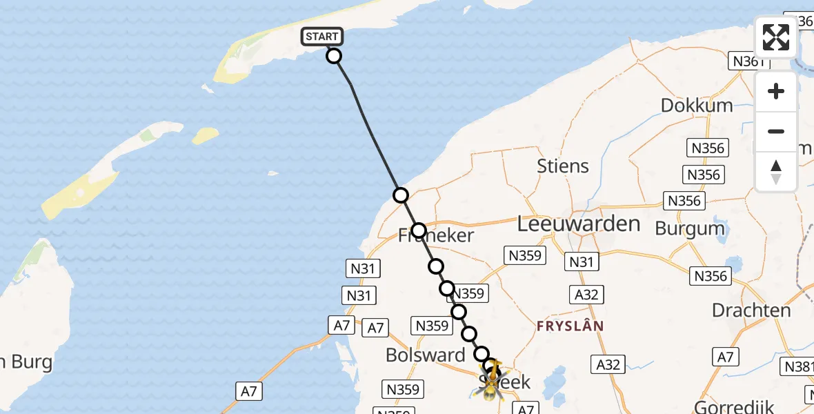 Vluchtroute Ambulancehelikopter van Hoorn naar Antonius Hospital Heliport
