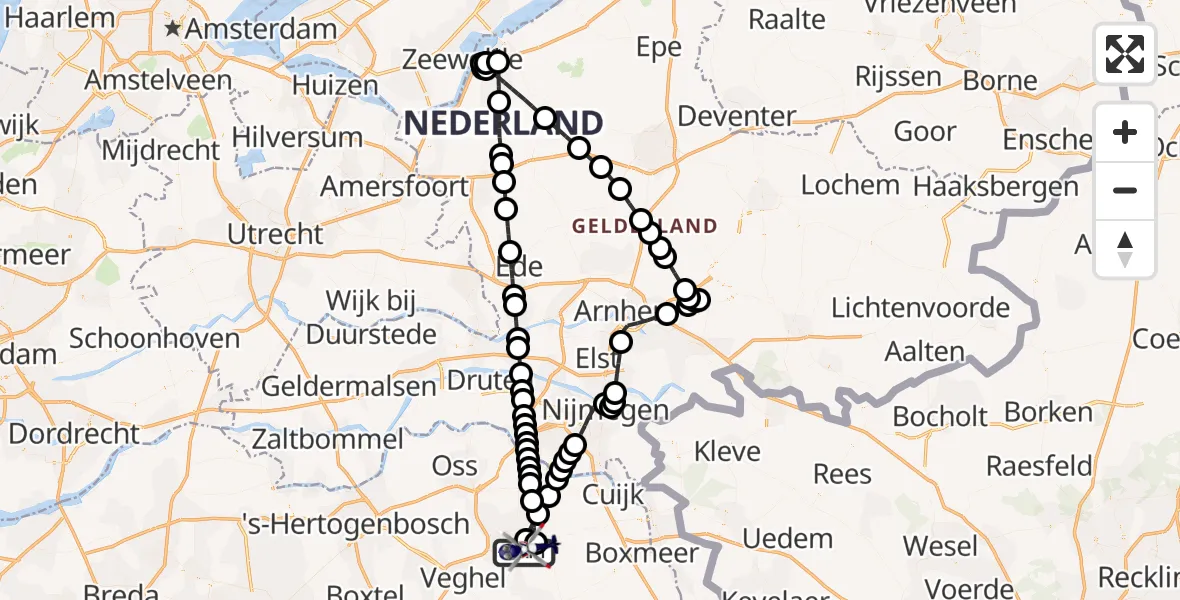 Vluchtroute Politiehelikopter van Vliegbasis Volkel naar Vliegbasis Volkel
