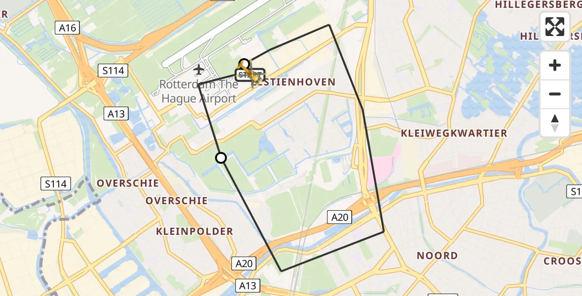Vluchtroute Traumahelikopter van Rotterdam The Hague Airport naar Rotterdam The Hague Airport