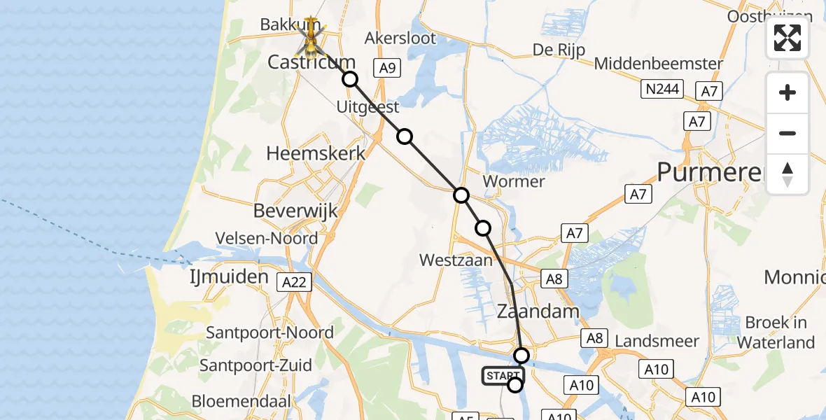 Vluchtroute Traumahelikopter van Amsterdam Heliport naar Castricum