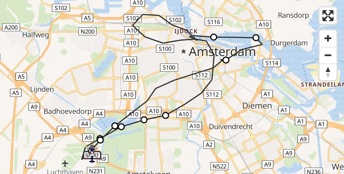 Vluchtroute Politiehelikopter van Amsterdam Vliegveld Schiphol naar Amsterdam Vliegveld Schiphol