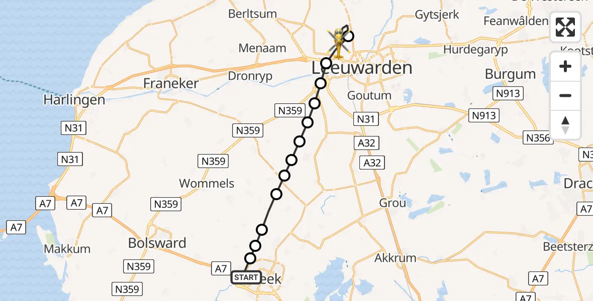 Vluchtroute Ambulancehelikopter van Antonius Hospital Heliport naar Vliegbasis Leeuwarden