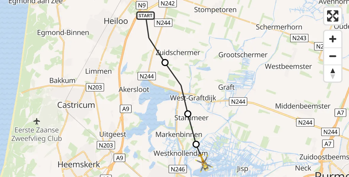 Vluchtroute Traumahelikopter van Alkmaar naar Oostknollendam