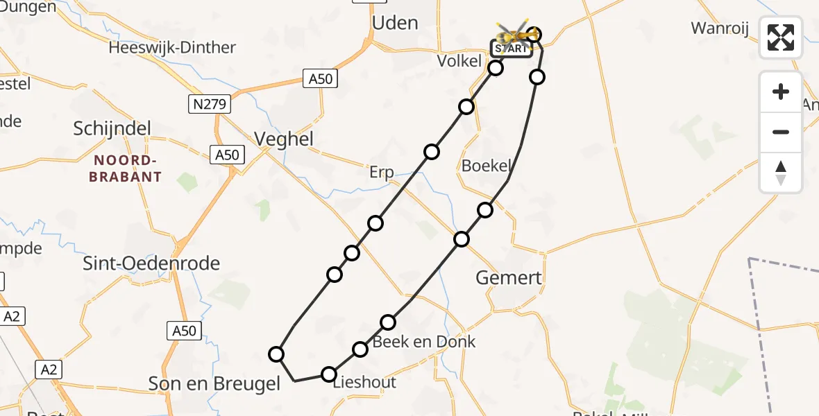 Vluchtroute Traumahelikopter van Vliegbasis Volkel naar Vliegbasis Volkel
