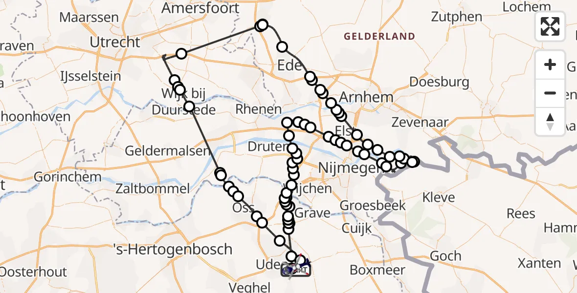 Vluchtroute Politiehelikopter van Vliegbasis Volkel naar Vliegbasis Volkel