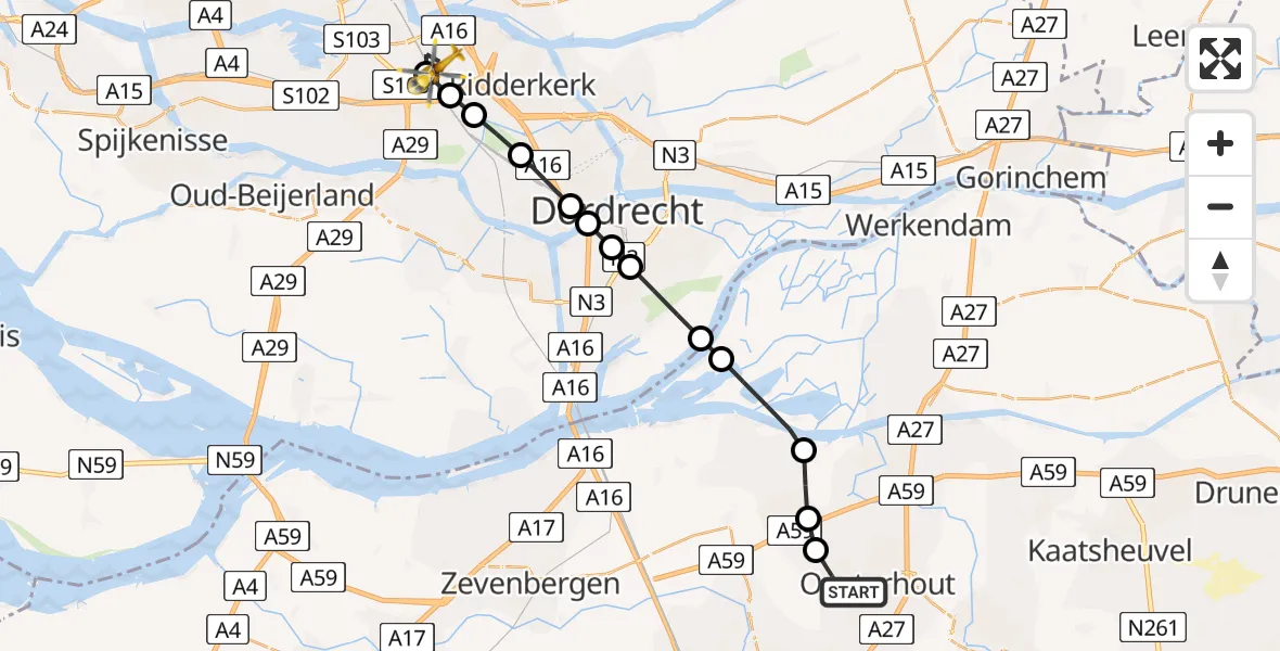 Vluchtroute Traumahelikopter van Oosterhout naar Rotterdam