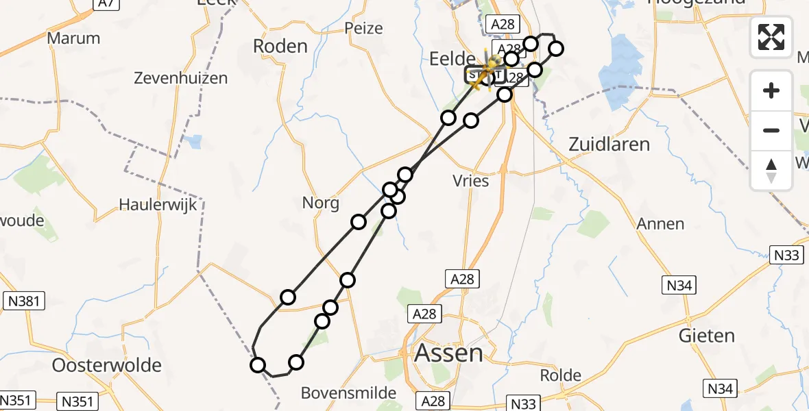 Vluchtroute Traumahelikopter van Groningen Airport Eelde naar Groningen Airport Eelde