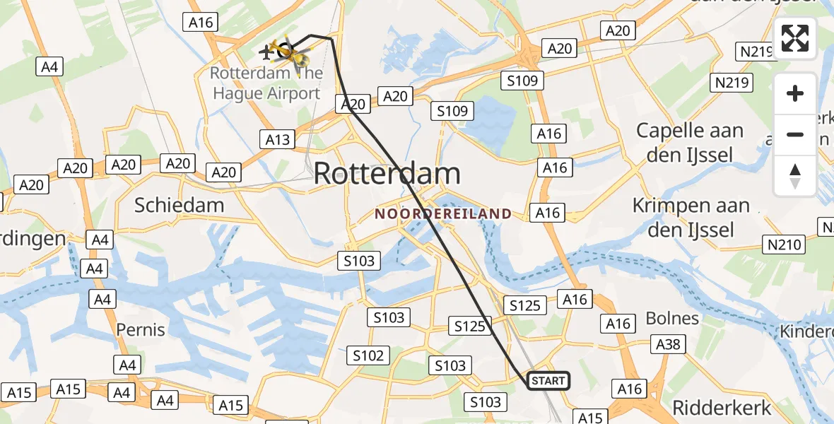 Vluchtroute Traumahelikopter van Rotterdam naar Rotterdam The Hague Airport