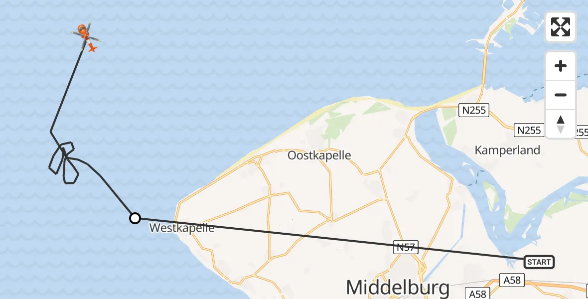 Vluchtroute Kustwachthelikopter van Vliegveld Midden-Zeeland naar Noordzee
