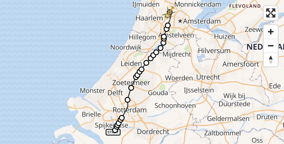 Vluchtroute Traumahelikopter van Nieuw-Beijerland naar Amsterdam Heliport