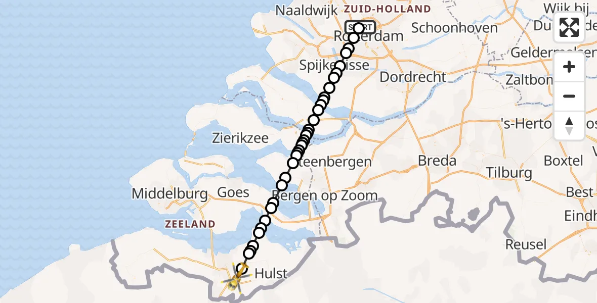 Vluchtroute Traumahelikopter van Rotterdam The Hague Airport naar Axel