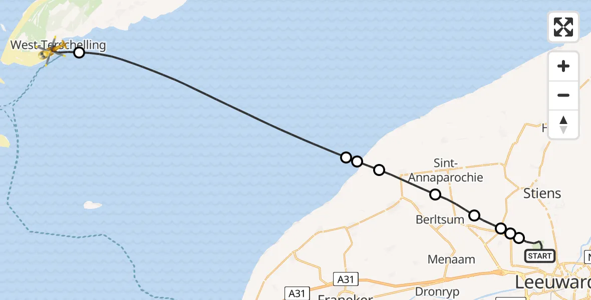 Vluchtroute Ambulancehelikopter van Vliegbasis Leeuwarden naar West-Terschelling