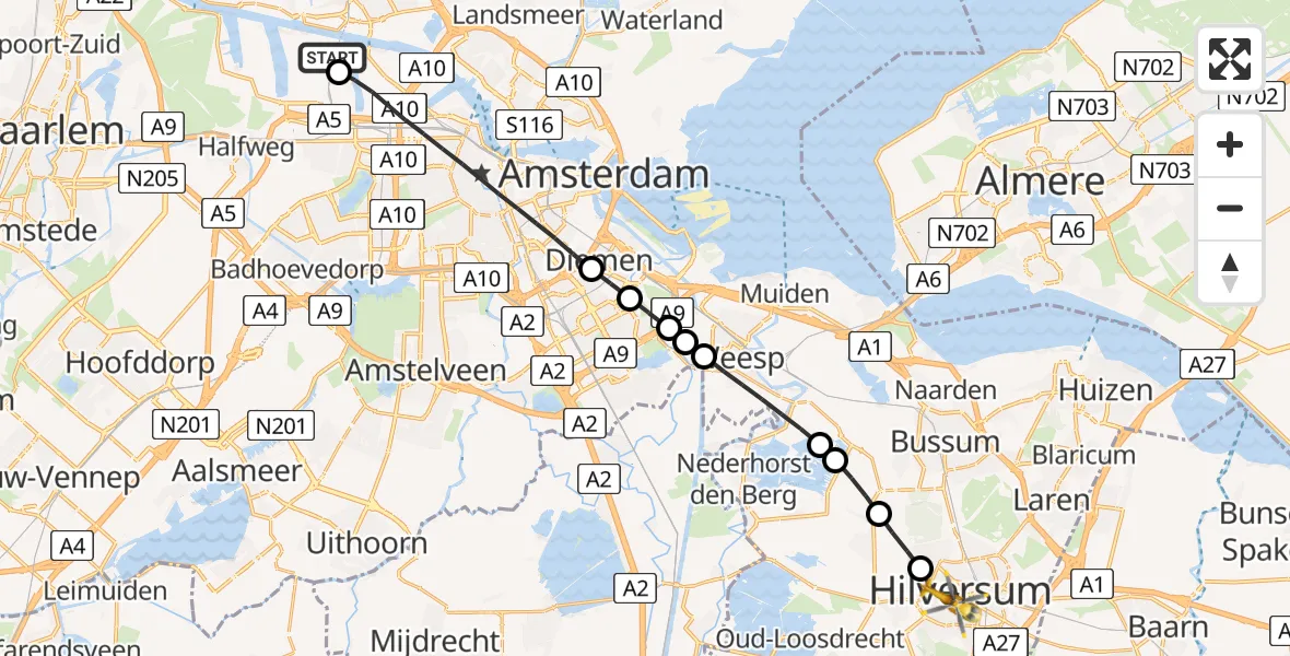 Vluchtroute Traumahelikopter van Amsterdam Heliport naar Hilversum