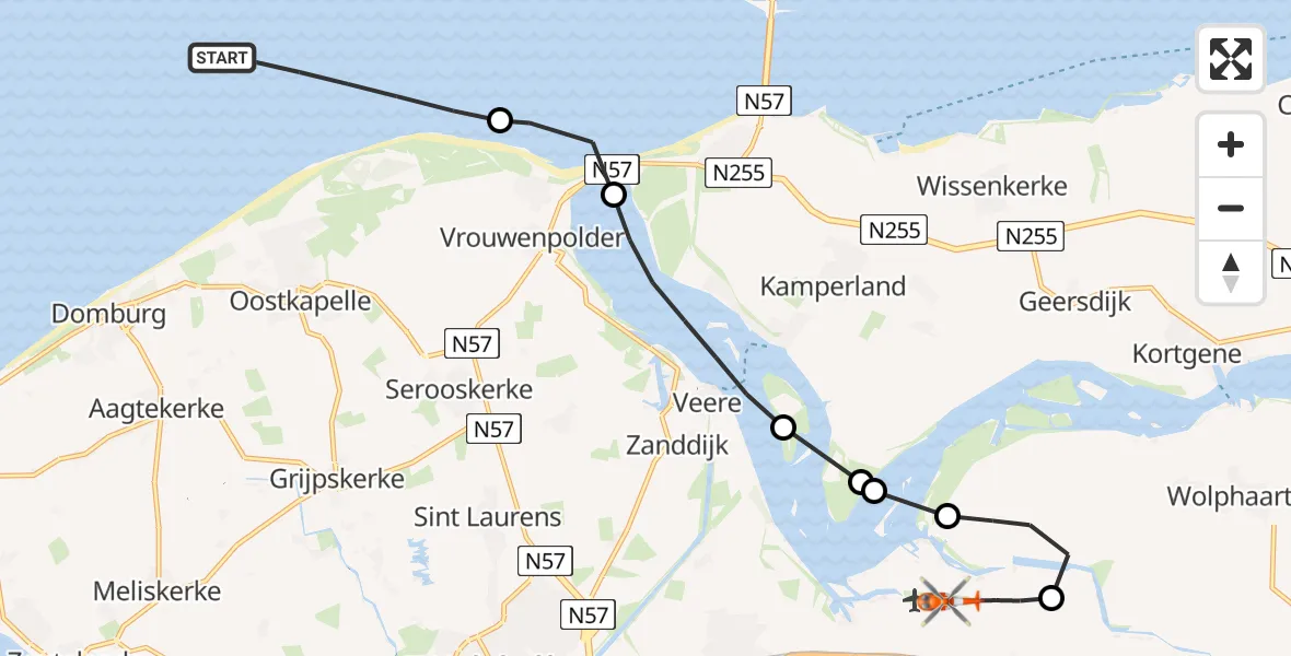 Vluchtroute Kustwachthelikopter van Noordzee naar Vliegveld Midden-Zeeland