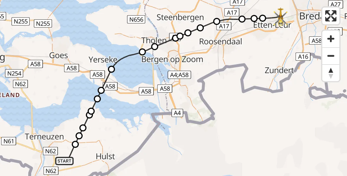 Vluchtroute Traumahelikopter van Axel naar Etten-Leur