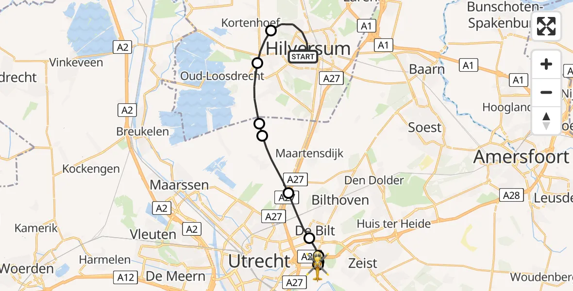 Vluchtroute Traumahelikopter van Hilversum naar Universitair Medisch Centrum Utrecht