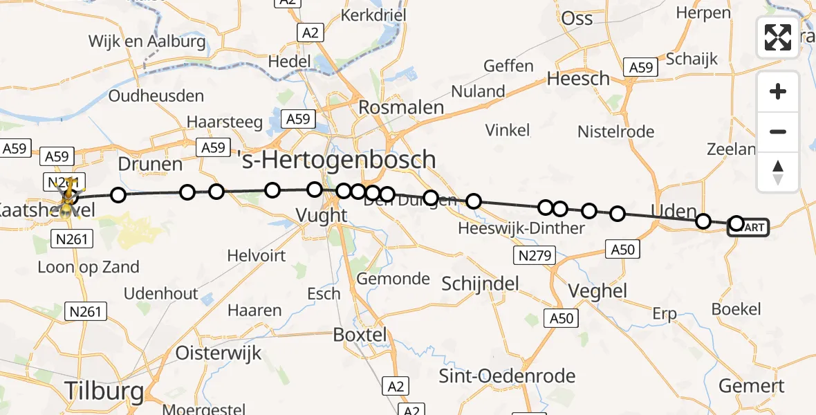 Vluchtroute Traumahelikopter van Vliegbasis Volkel naar Sprang-Capelle