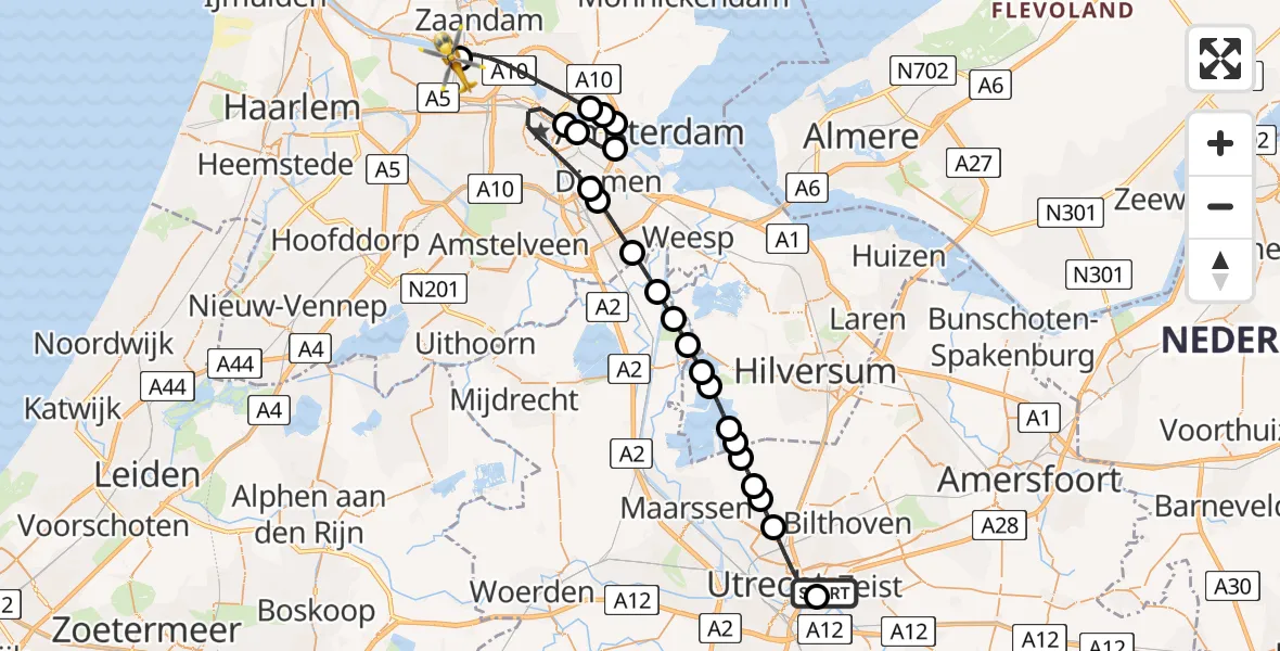 Vluchtroute Traumahelikopter van Universitair Medisch Centrum Utrecht naar Amsterdam Heliport