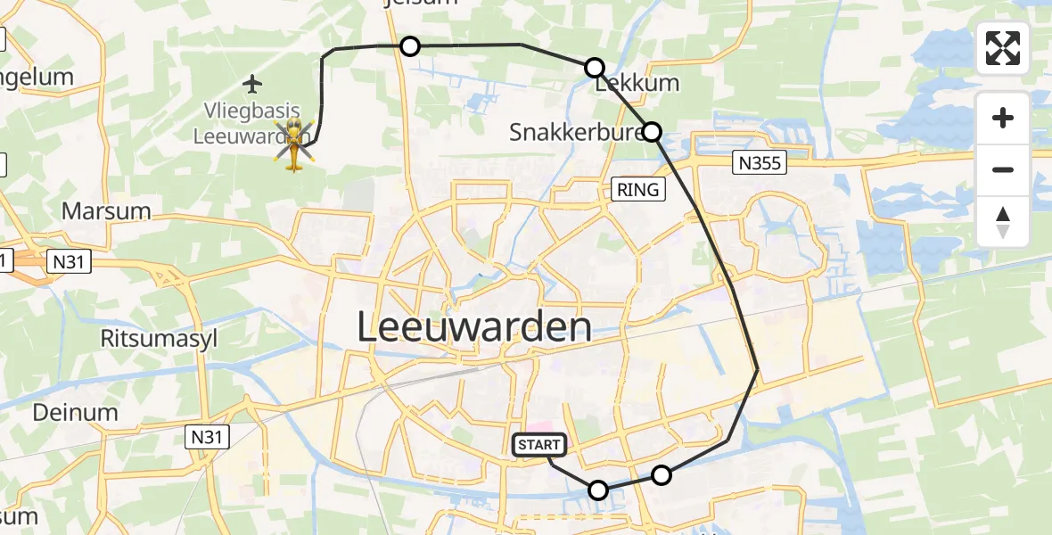 Vluchtroute Ambulancehelikopter van Leeuwarden Medical Center Heliport naar Vliegbasis Leeuwarden