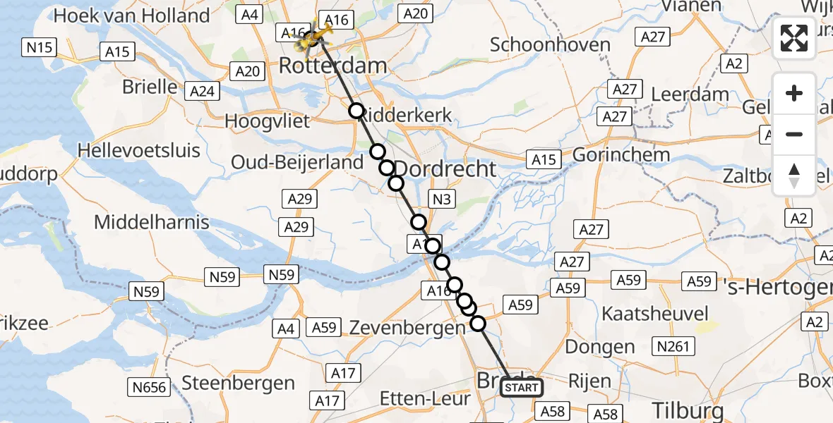 Vluchtroute Traumahelikopter van Breda naar Rotterdam