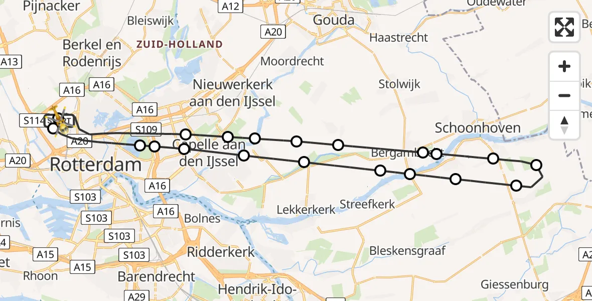 Vluchtroute Traumahelikopter van Rotterdam The Hague Airport naar Rotterdam The Hague Airport