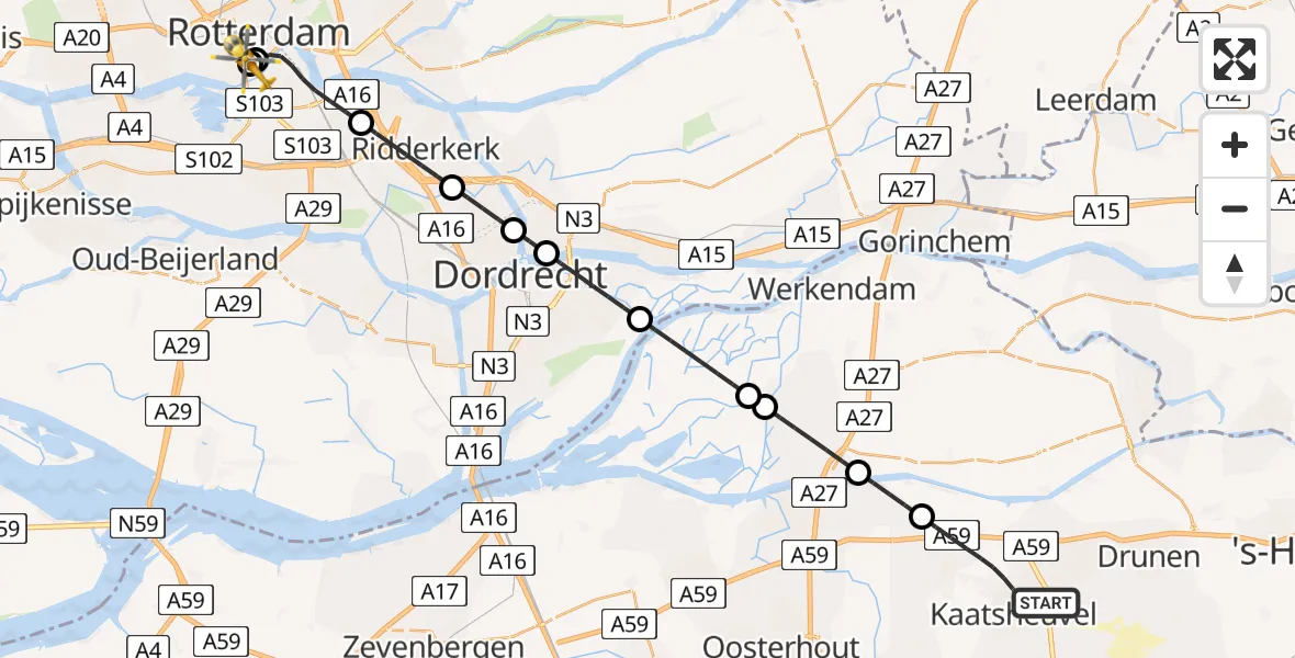 Vluchtroute Traumahelikopter van Sprang-Capelle naar Leids Universitair Medisch Centrum (LUMC)
