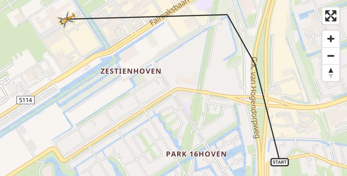 Vluchtroute Traumahelikopter van Rotterdam naar Rotterdam