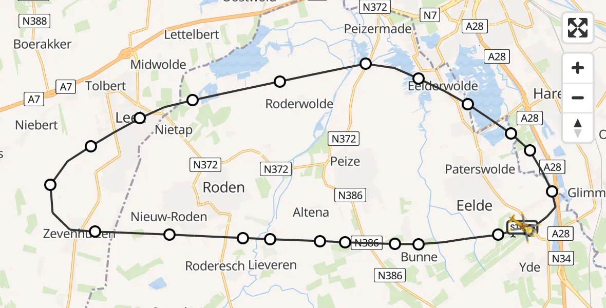 Vluchtroute Traumahelikopter van Groningen Airport Eelde naar Groningen Airport Eelde