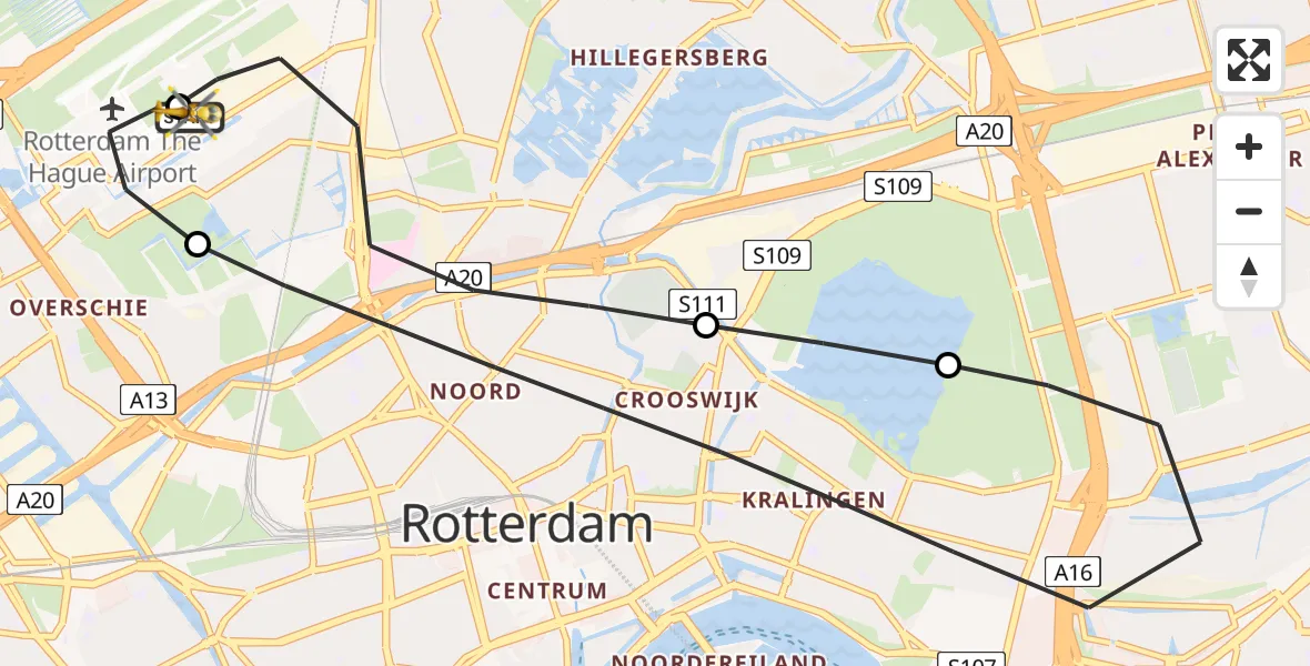 Vluchtroute Traumahelikopter van Rotterdam The Hague Airport naar Rotterdam The Hague Airport