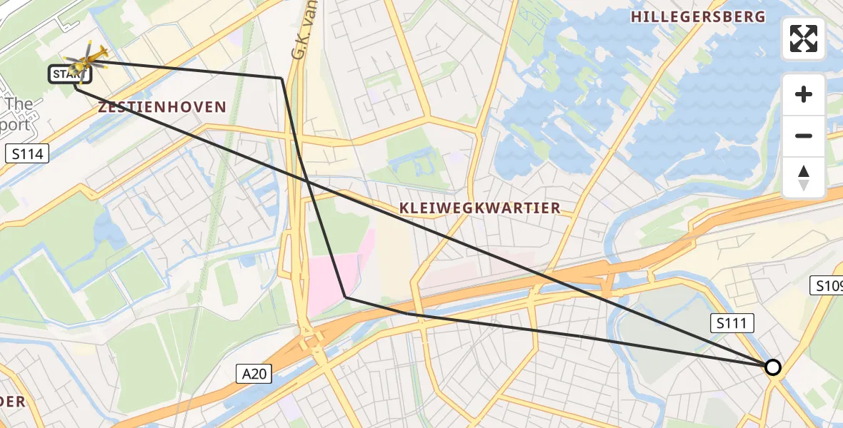 Vluchtroute Traumahelikopter van Rotterdam The Hague Airport naar Rotterdam