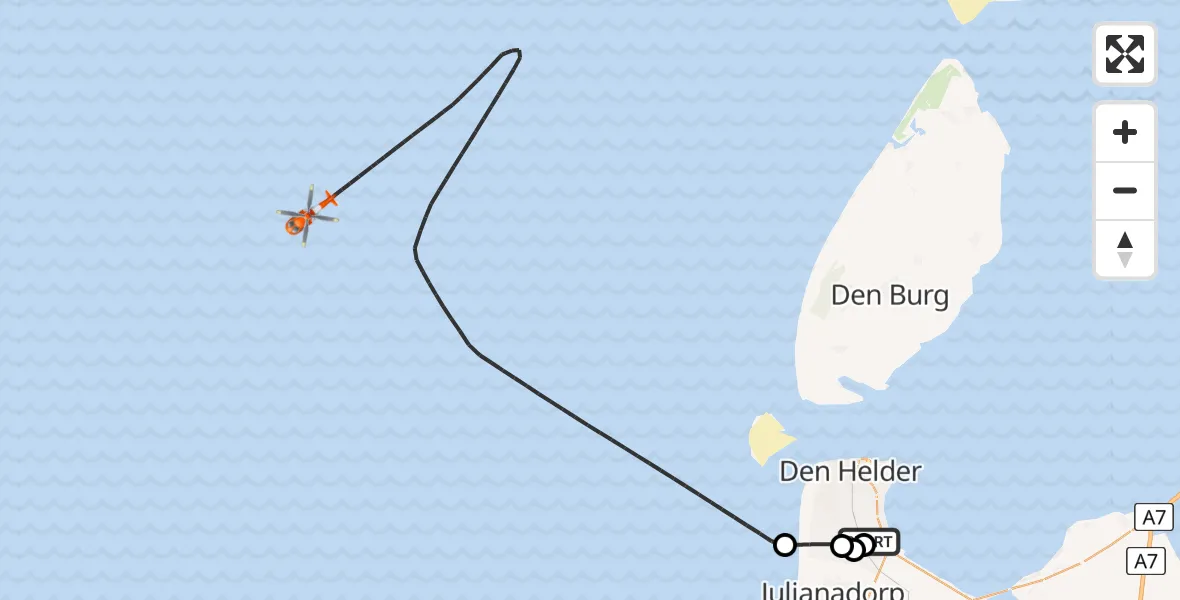 Vluchtroute Kustwachthelikopter van Militair vliegveld De Kooy / Den Helder Airport naar Noordzee