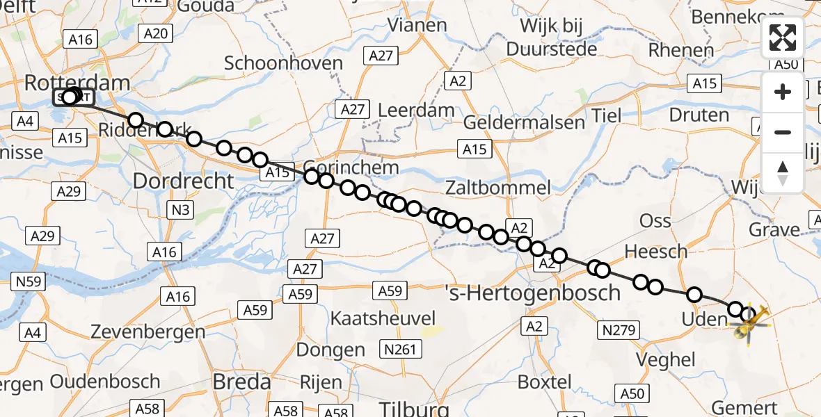 Vluchtroute Traumahelikopter van Leids Universitair Medisch Centrum (LUMC) naar Vliegbasis Volkel