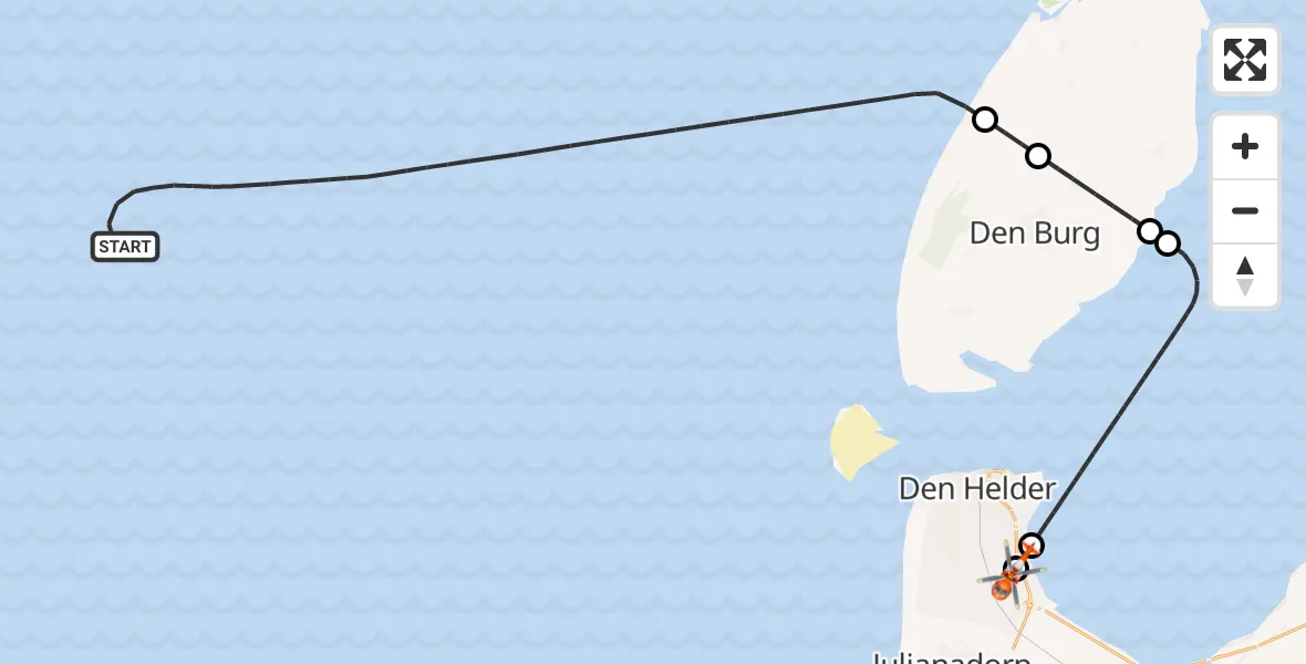 Vluchtroute Kustwachthelikopter van Noordzee naar Militair vliegveld De Kooy / Den Helder Airport
