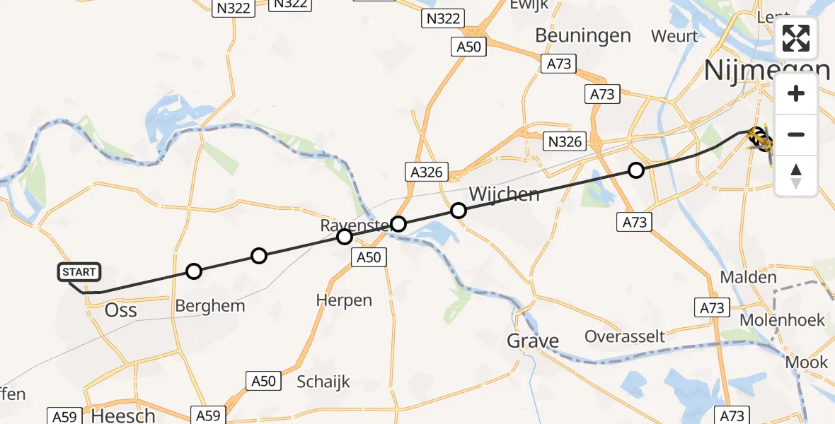 Vluchtroute Traumahelikopter van Oss naar Radboud University Medical Center Heliport