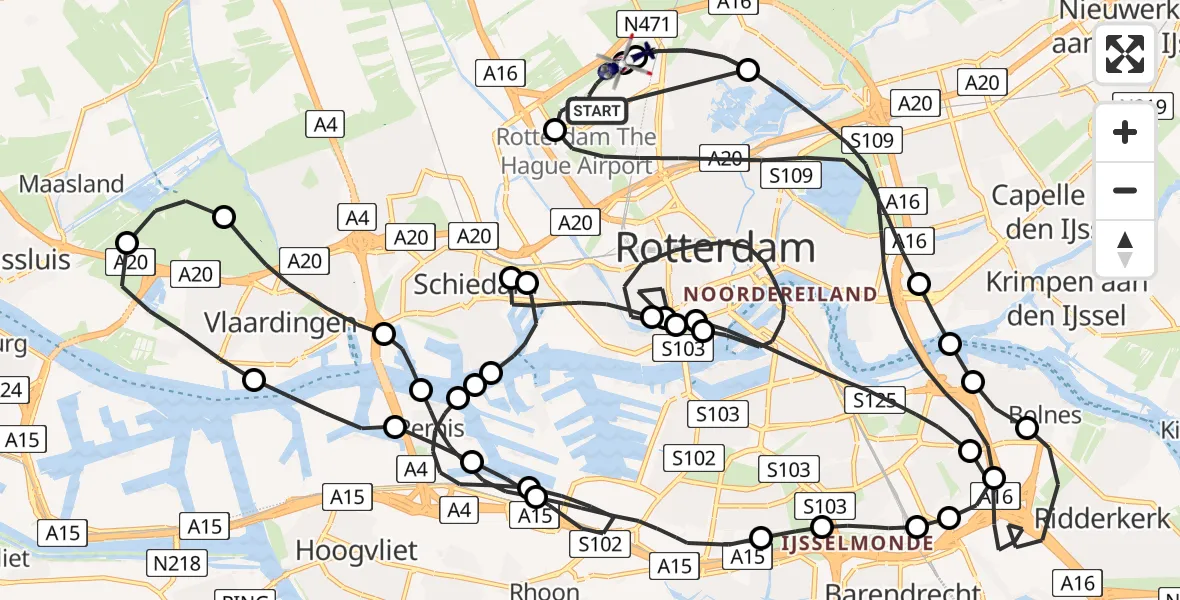 Vluchtroute Politiehelikopter van Rotterdam The Hague Airport naar Rotterdam The Hague Airport