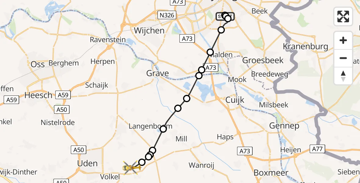 Vluchtroute Traumahelikopter van Radboud Universitair Medisch Centrum naar Vliegbasis Volkel