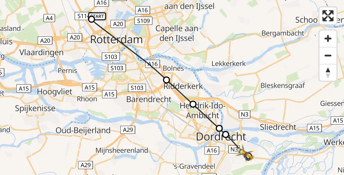 Vluchtroute Traumahelikopter van Rotterdam The Hague Airport naar Dordrecht