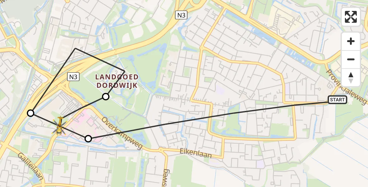 Vluchtroute Traumahelikopter van Dordrecht naar Albert Schweitzer Hospital Dordrecht Heliport