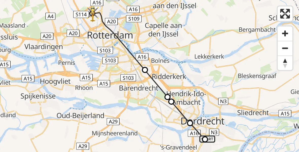 Vluchtroute Traumahelikopter van Albert Schweitzer Hospital Dordrecht Heliport naar Rotterdam The Hague Airport