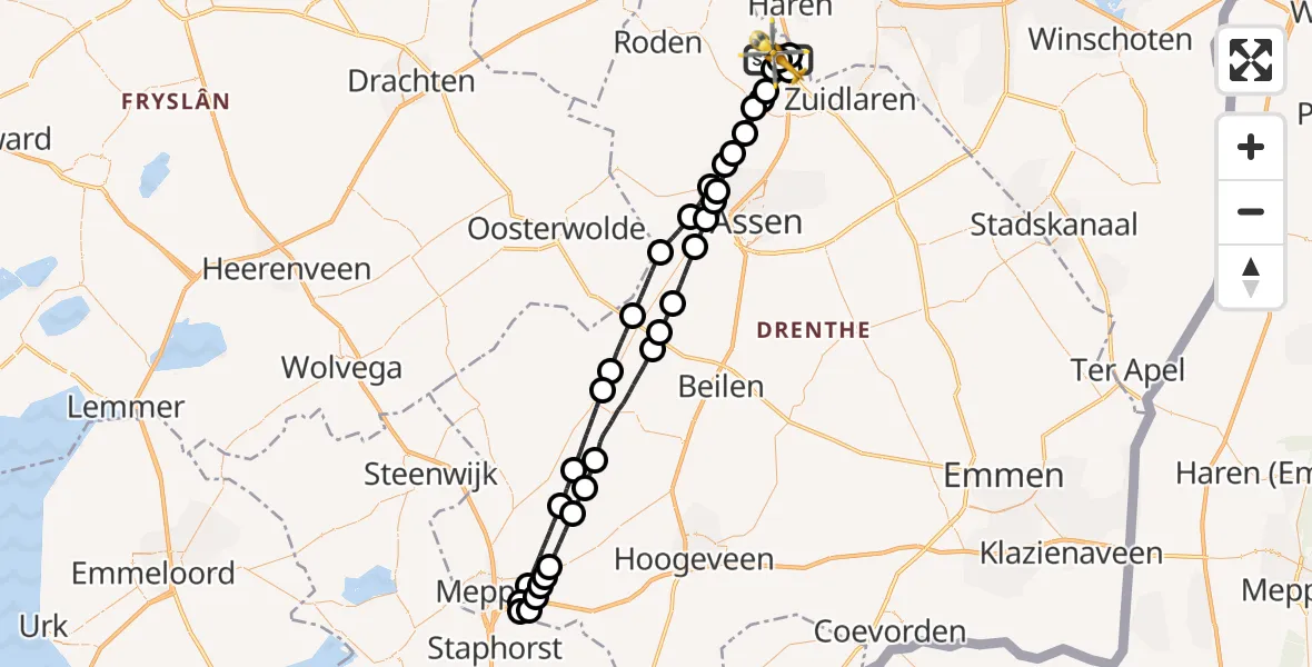 Vluchtroute Traumahelikopter van Groningen Airport Eelde naar Groningen Airport Eelde