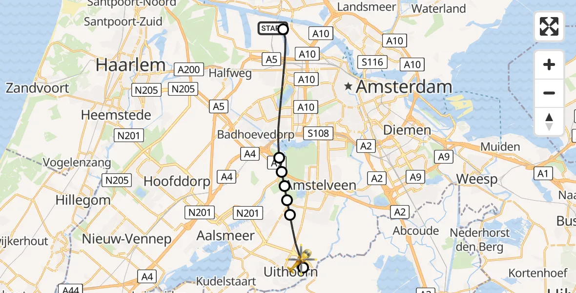 Vluchtroute Traumahelikopter van Amsterdam Heliport naar Uithoorn