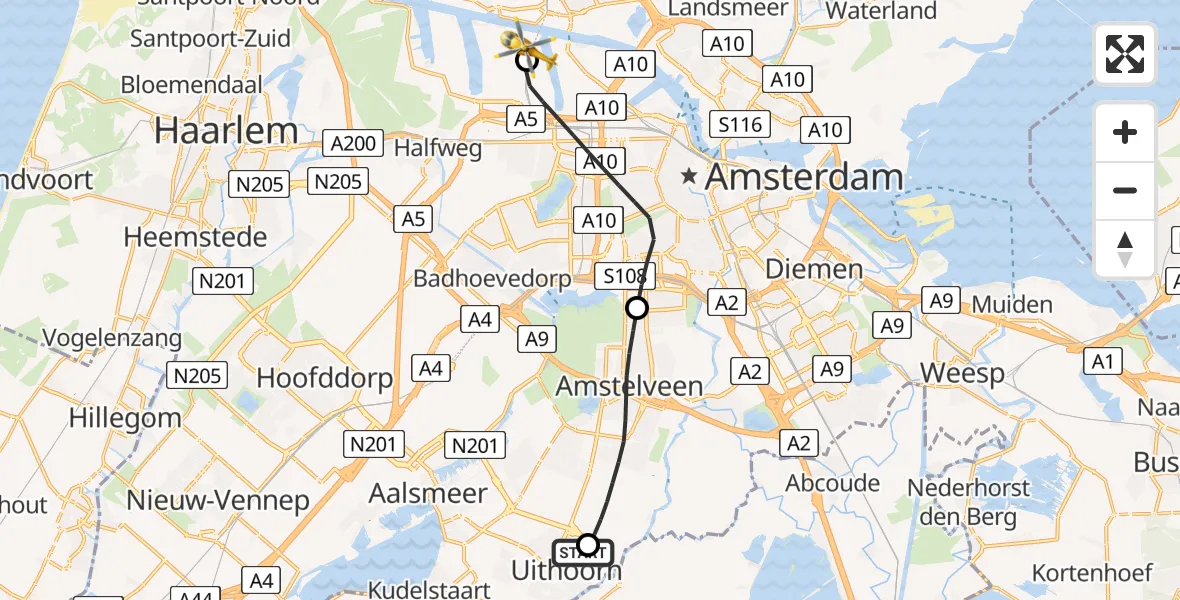 Vluchtroute Traumahelikopter van Uithoorn naar Amsterdam Heliport