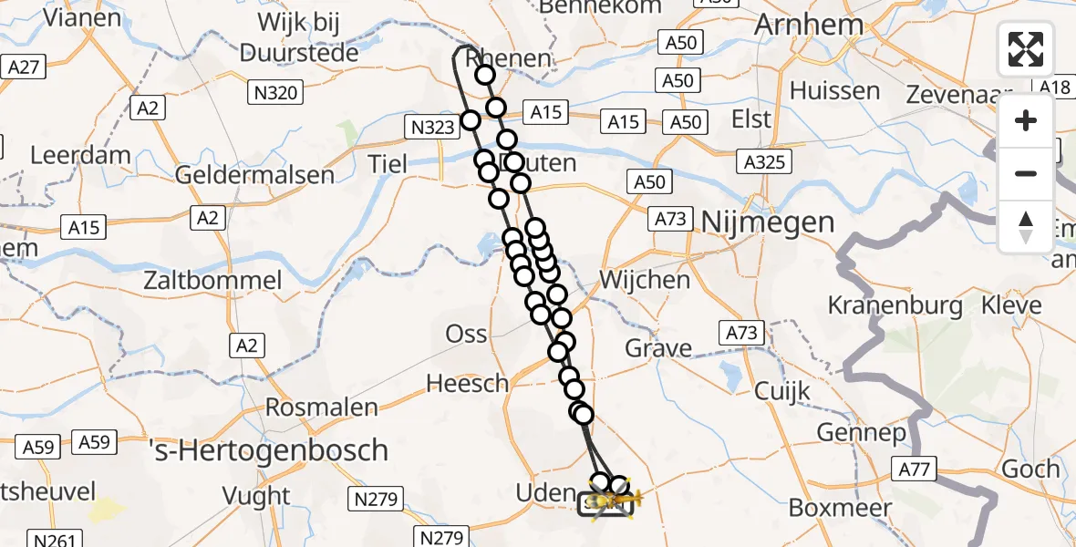 Vluchtroute Traumahelikopter van Vliegbasis Volkel naar Vliegbasis Volkel