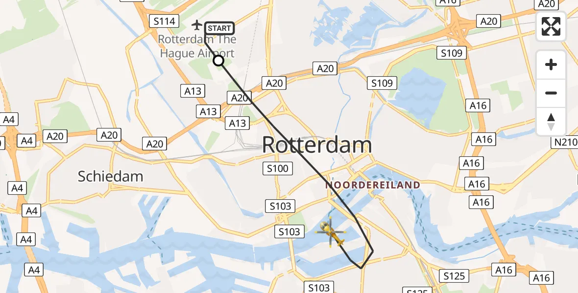Vluchtroute Traumahelikopter van Rotterdam The Hague Airport naar Rotterdam