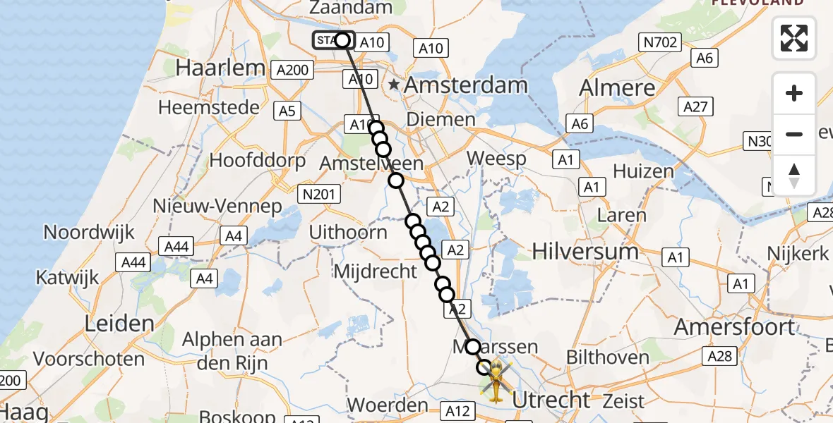 Vluchtroute Traumahelikopter van Amsterdam Heliport naar Utrecht