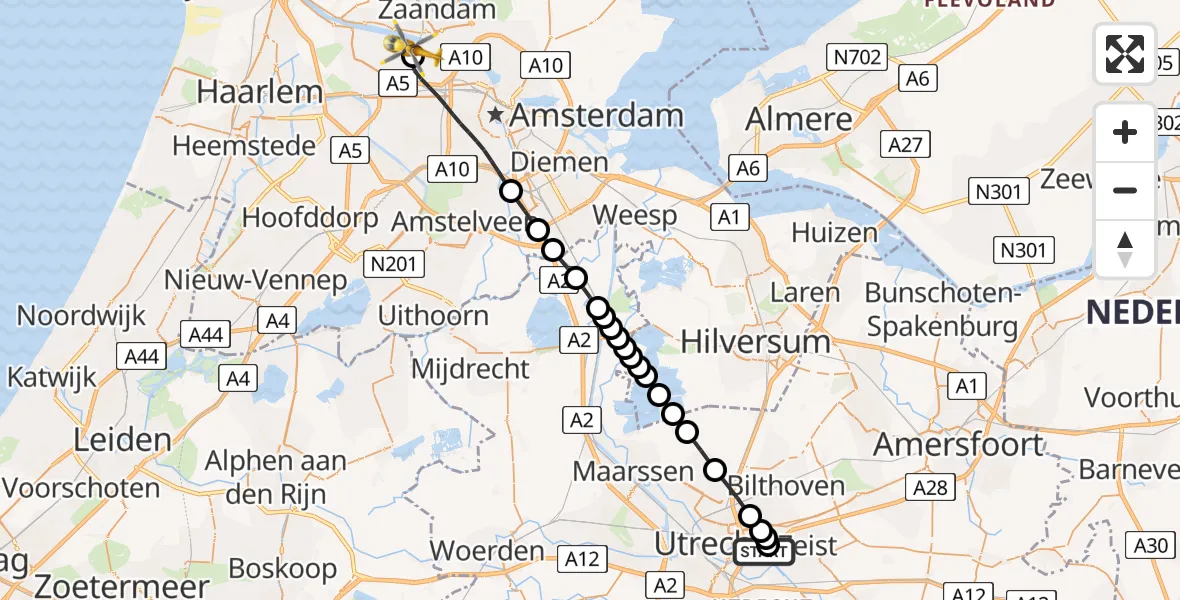 Vluchtroute Traumahelikopter van Universitair Medisch Centrum Utrecht naar Amsterdam Heliport